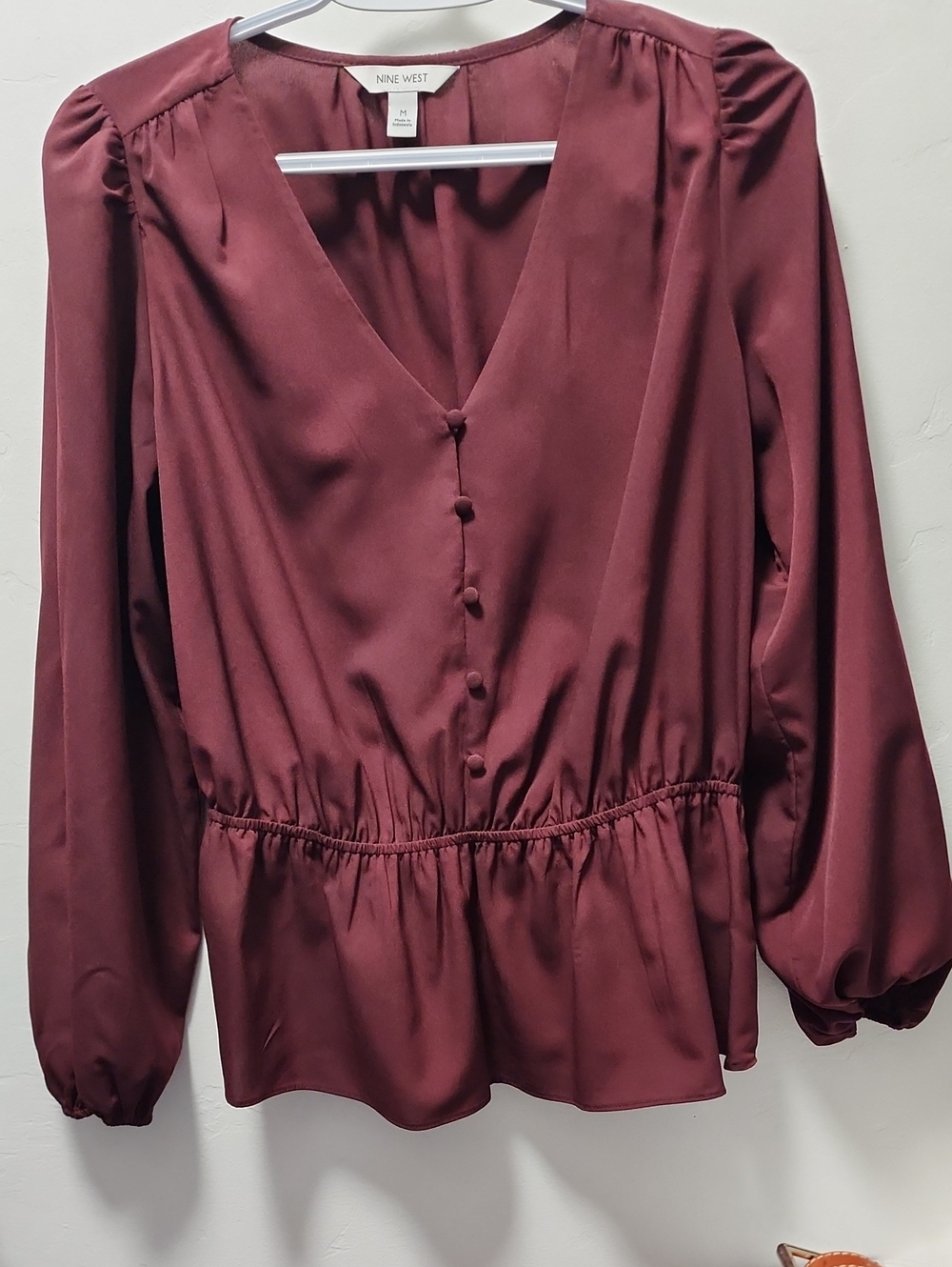 Nine West Wine Red V-Neck Long Sleeve Buttoned Blouse